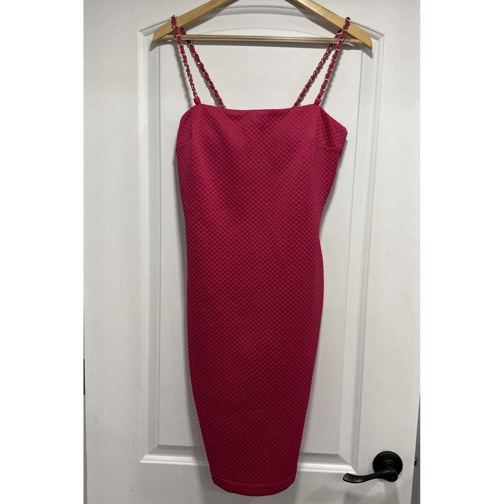 Hot Miami Styles Pink Quilted Bodycon Dress Gold Chain Strap Cocktail Large L